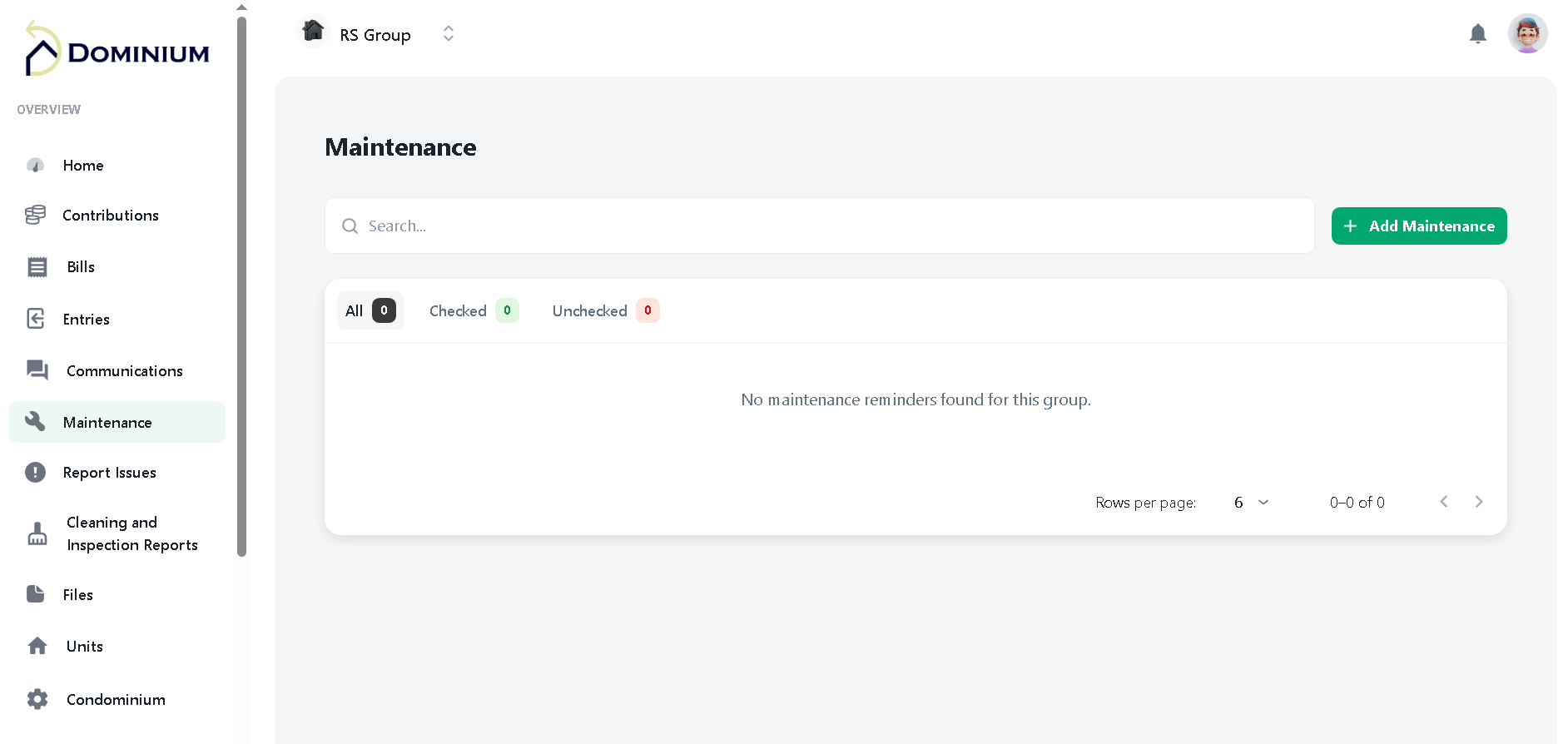 Dominium maintenance page